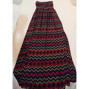 YA Los Angeles Strapless Maxi Dress Red Black Chevron Zig Zag Boho Small